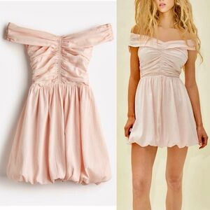 Off-Shoulder Pink Mini Dress with Ruched Bodice